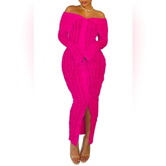 Hot Pink Sheer Off Shoulder Ruffle Dress, NWOT - Picture 1 of 5